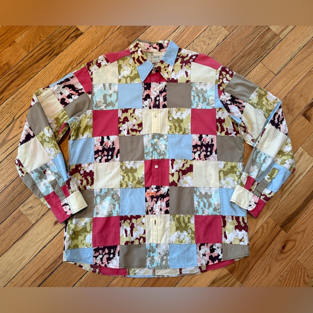 J. Crew Allover Patchwork Button Down Casual Preppy Colorful Men’s Shirt Size XL
